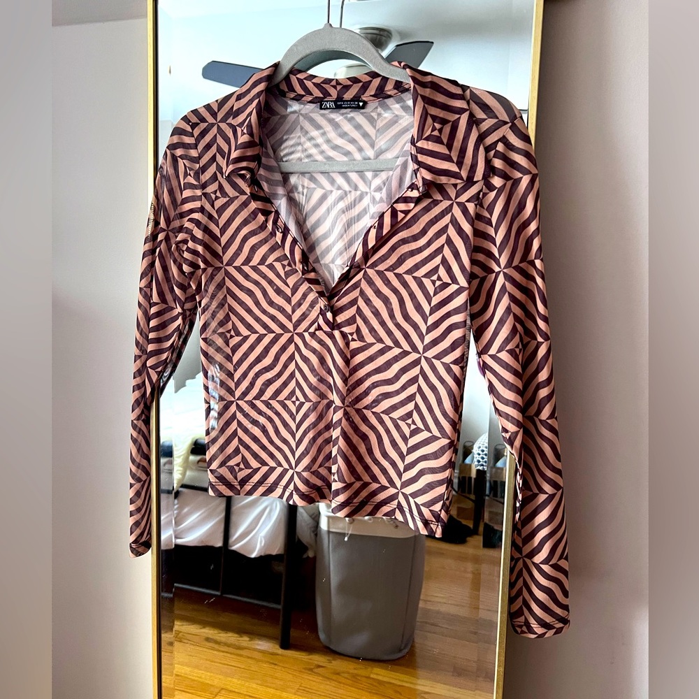 Zara Brown stripe mesh top